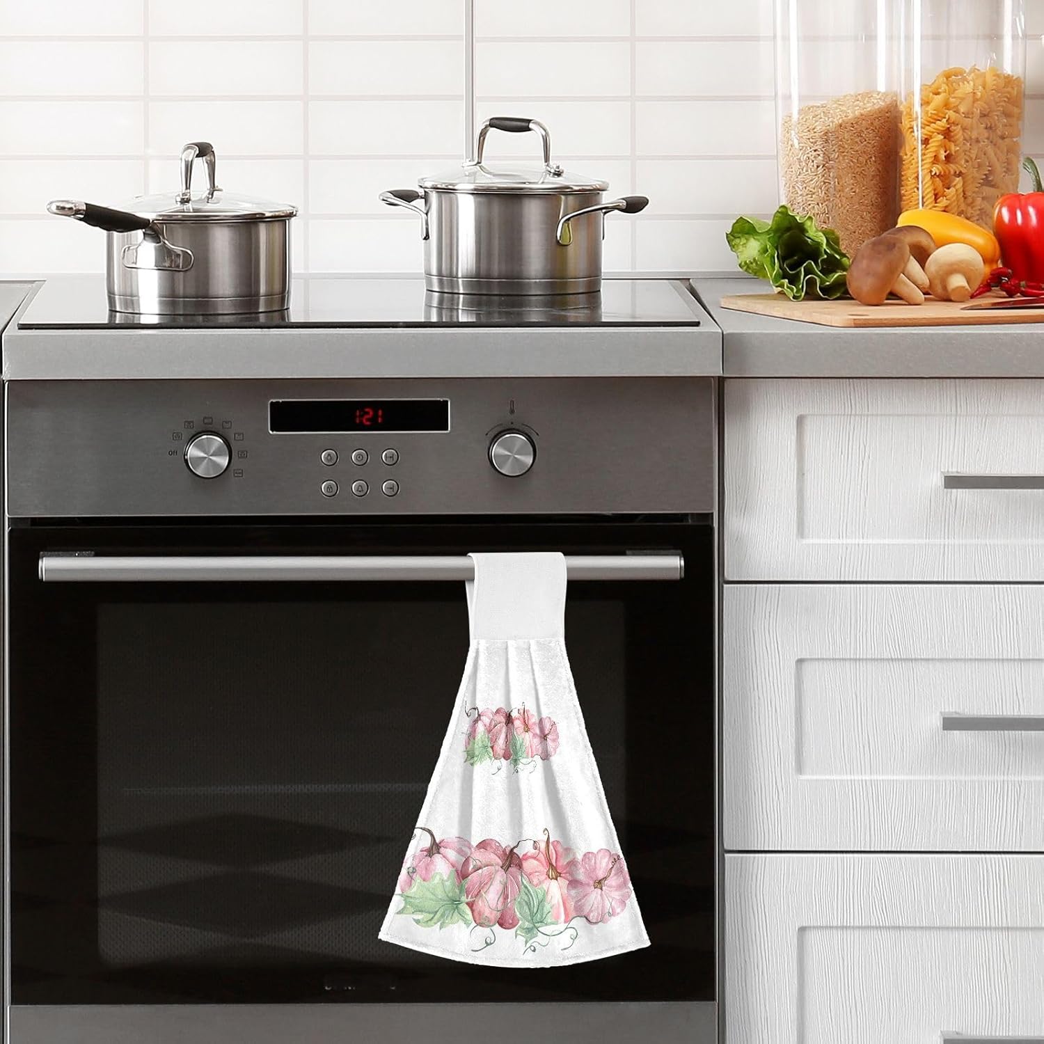 Toallas de cocina con diseño de calabaza rosa con bucles para colgar, paquete de 2, toallas de mano con temática de otoño para baño, absorbentes de