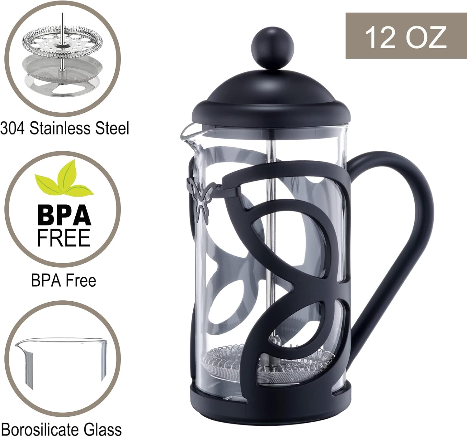 Cafetera francesa Pres de vidrio de 12 onzas y prensa francesa de acero inoxidable, 34 onzas, color negro