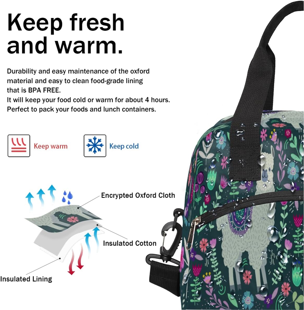 JXDXHCW Lonchera con estampado floral de alpaca, bolsa aisladaenfriadora para mujeres, hombres, niñas, niños, bolsa de almuerzo con correa ajustable