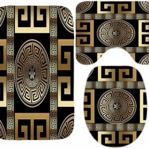 Juego de 3 alfombrillas de baño geométricas negras doradas, griegas, meandro, impermeables, antideslizantes, lavables para baño, juego de 3 piezas Juego de 3 alfombrillas de baño geométricas negras doradas, griegas, meandro, impermeables, antideslizantes, lavables para baño, juego de 3 piezas