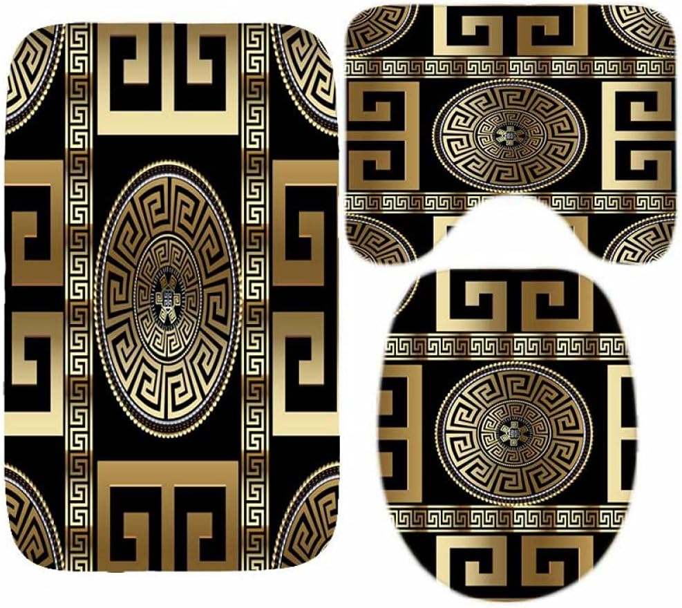 Juego de 3 alfombrillas de baño geométricas negras doradas, griegas, meandro, impermeables, antideslizantes, lavables para baño, juego de 3 piezas