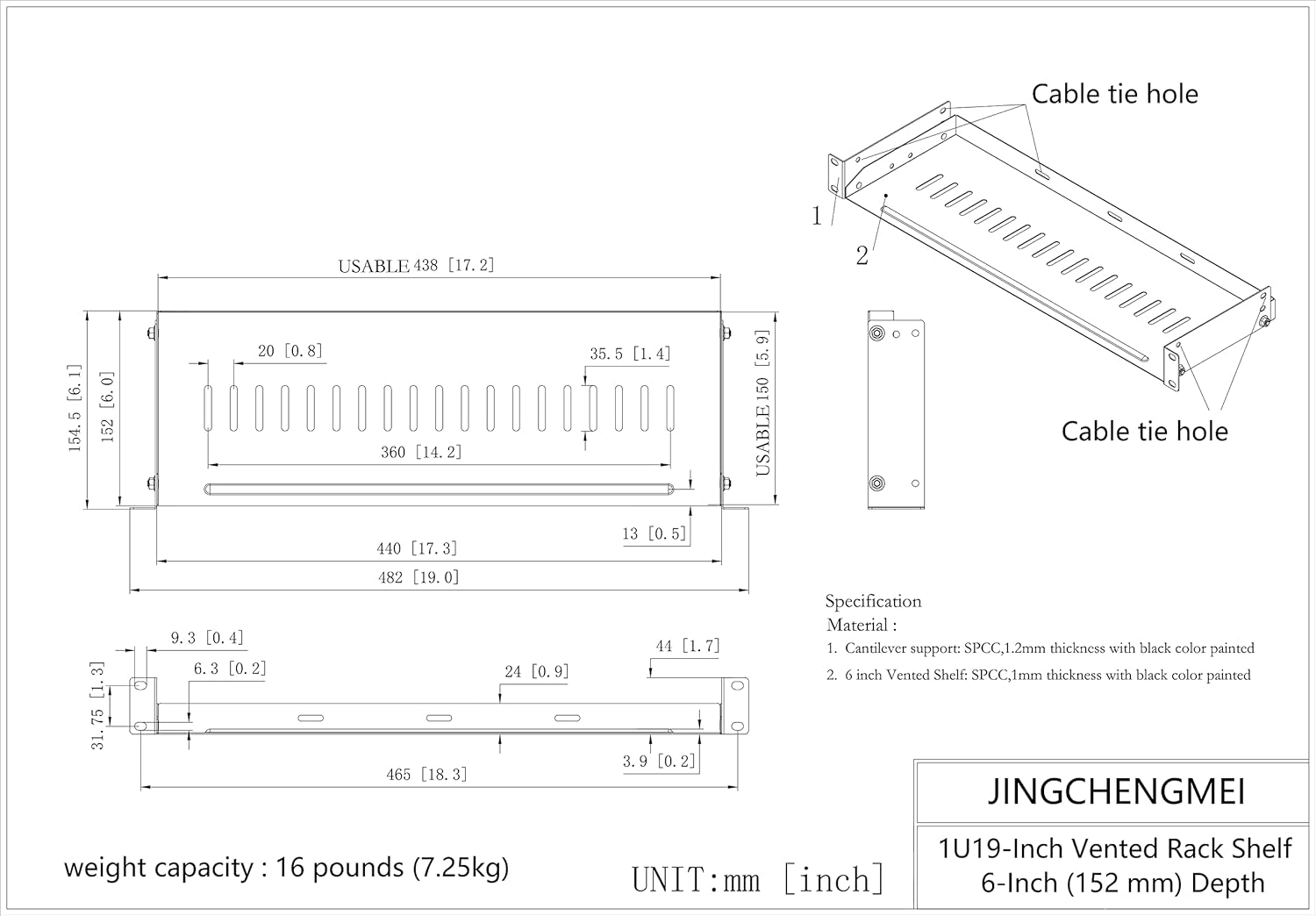 JINGCHENGMEI Estante de rack ventilado de 1U, bandeja universal sin borde para gabinete de red de 19 pulgadas o rack de servidores (6 pulgadas de