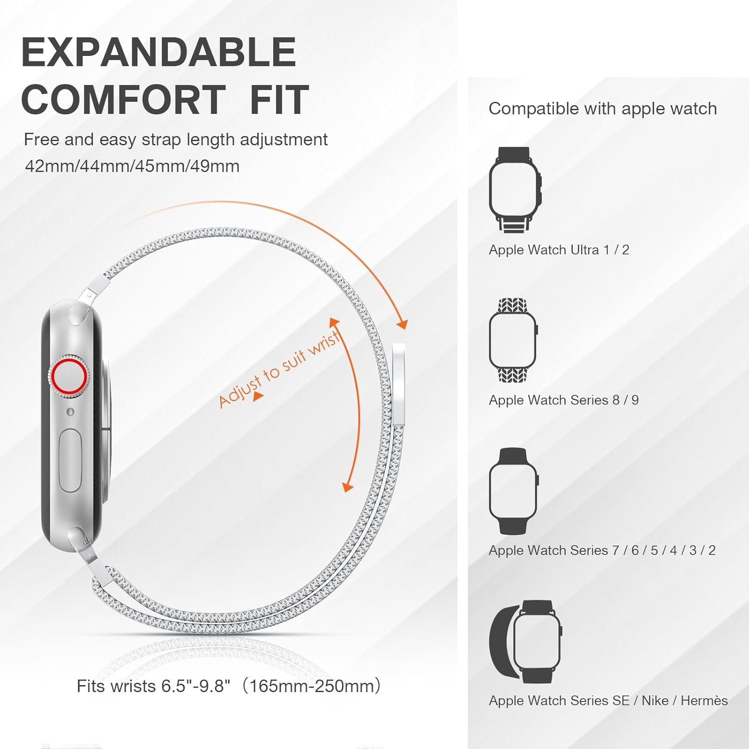 MARGE PLUS – Correa milanesa de acero inoxidable compatible con Apple Watch Band de 1.654 in, 1.732 in, 1.772 in, 1.929 in, 1.496 in, 1.575 in y