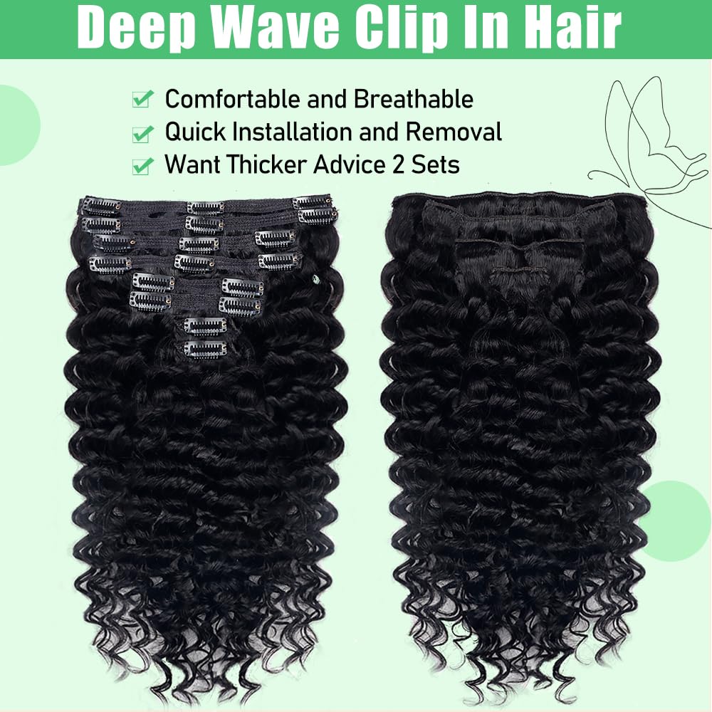 Extensiones de cabello humano real de onda profunda con clip, para mujeres negras, 8 unidades, extensiones de cabello humano Remy brasileño con 18