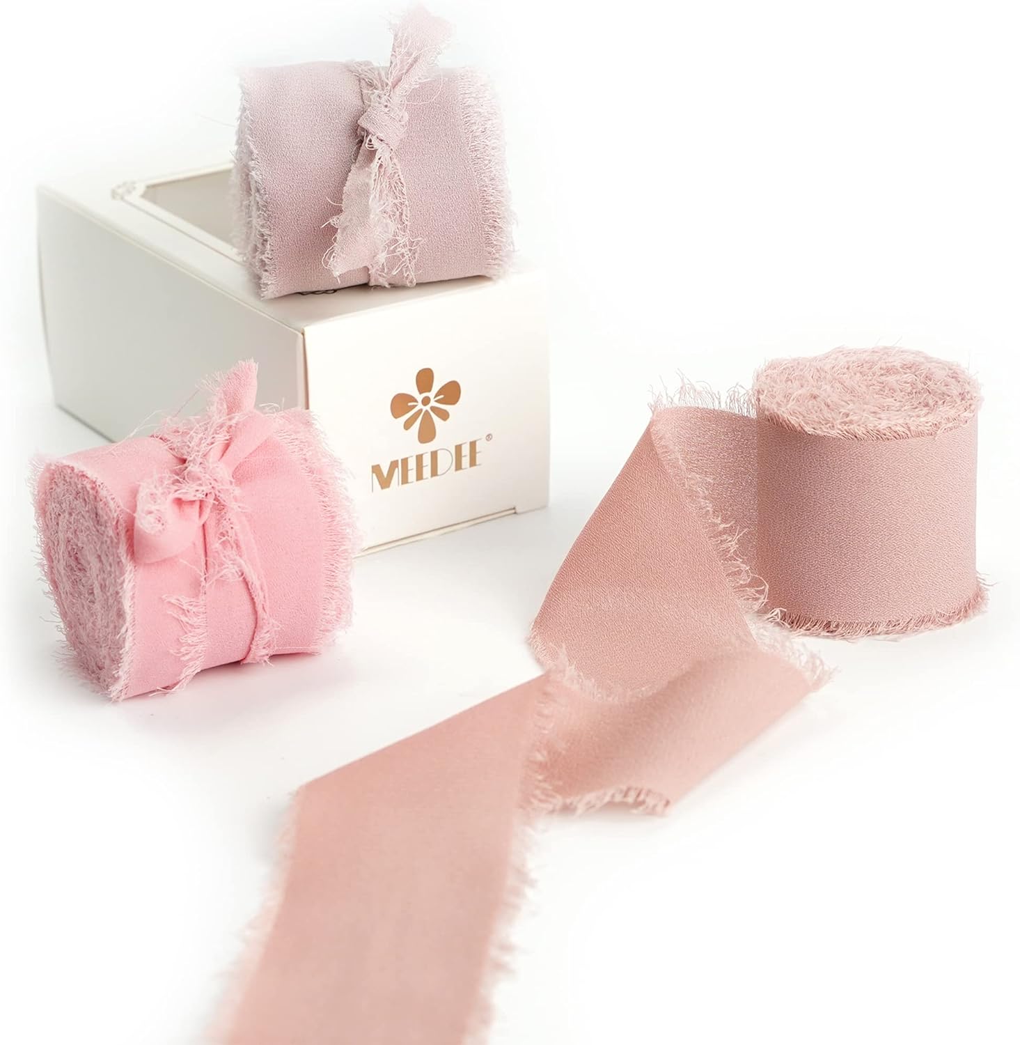 MEEDEE Cinta de gasa hecha a mano con flecos, cinta de seda de gasa de 1.5 pulgadas x 6 yardas, juego de cintas color rosa polvoriento, rosa y