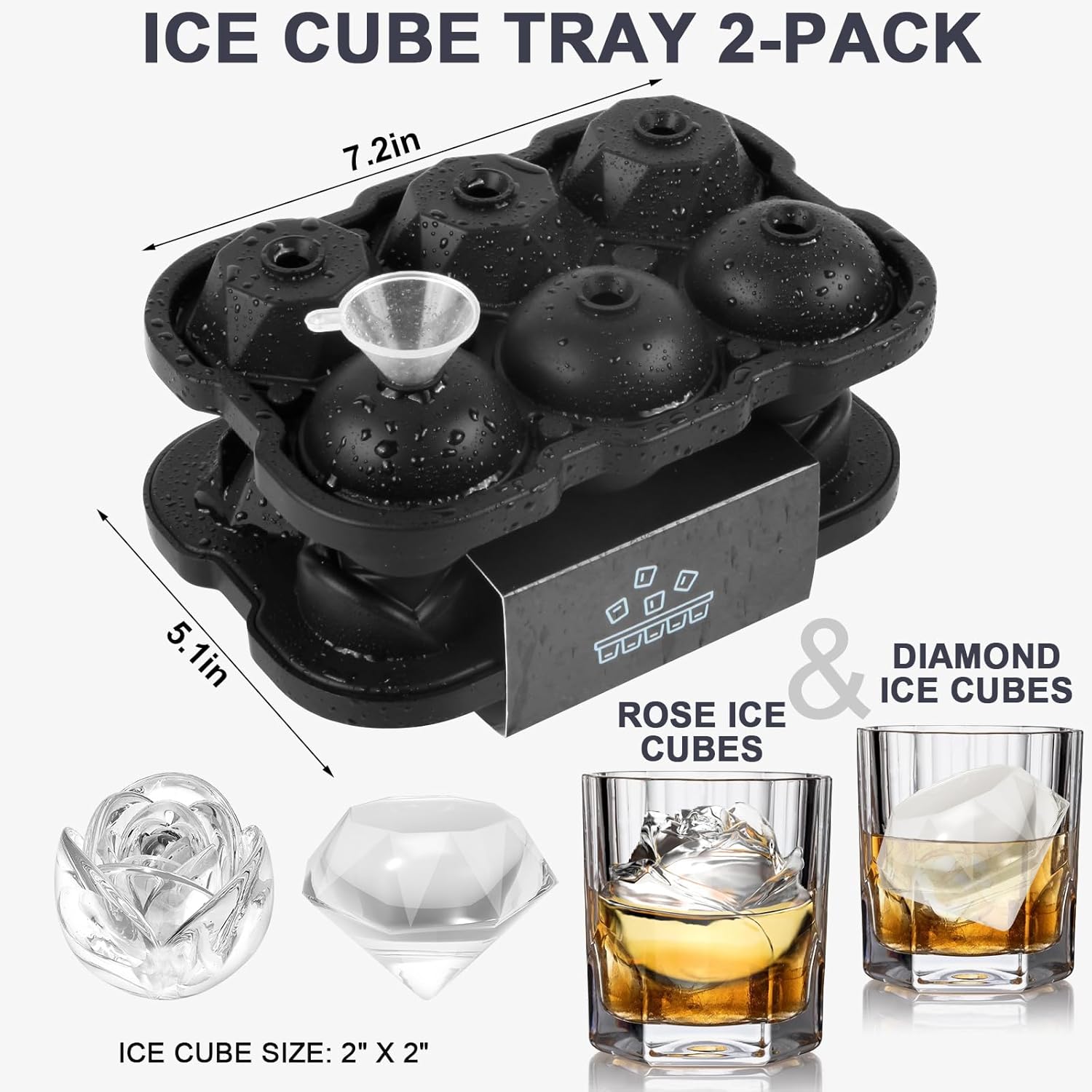 ELESTONE Bandejas grandes para cubitos de hielo, paquete de 2, bandejas para cubitos de hielo para congelador, moldes de diamantes y rosas fáciles