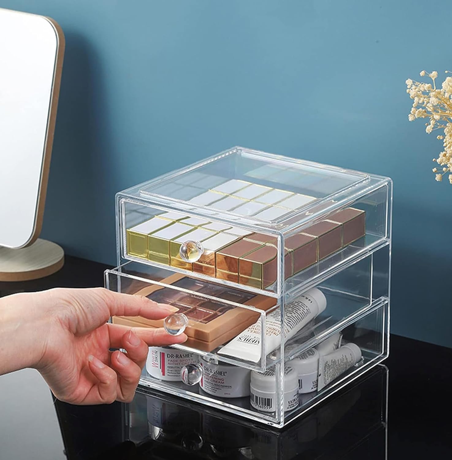 Caja organizadora de cajones de maquillaje con 3 cajones, vitrina de acrílico para cosméticos, organizador de tocador, caja de almacenamiento