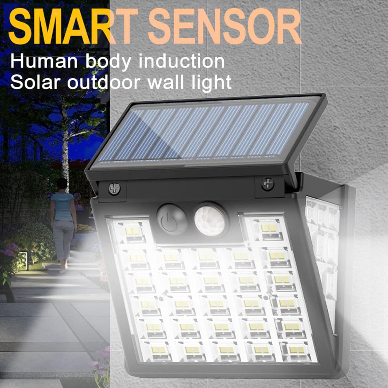 Luces solares impermeables IP65 para exteriores, 3 modos de luces solares con sensor de movimiento, luz solar LED para escaleras al aire libre,