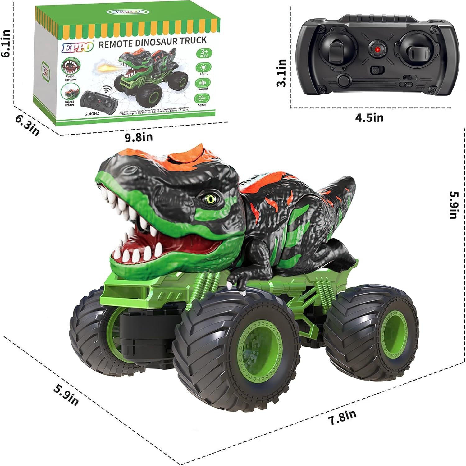 EPPO Auto de dinosaurio a control remoto para niños, camión de dinosaurio RC de 2.4 GHz, juguetes para niños pequeños de 3, 4, 5, 6, 7 años,