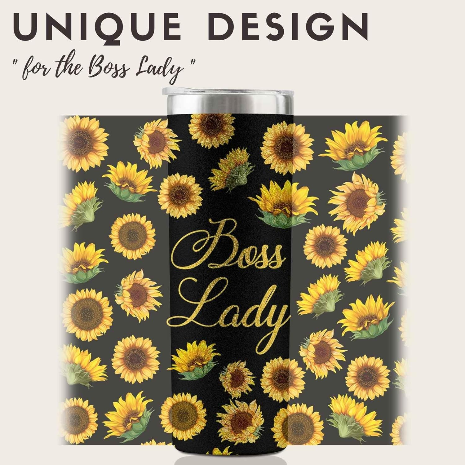 Regalos para mujer jefa, regalos de girasol para jefa, vasos aislados de acero inoxidable con tapas y pajitas de 20 onzas, divertida idea de regalo