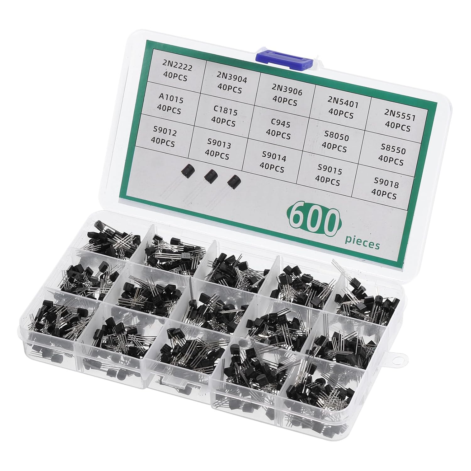 PATIKIL PNP NPN Power Transistor Surtido Kit, 600pcs 15 Tipos 3 Pin Componente Electrónico para Aplicaciones de Conmutación de Uso General