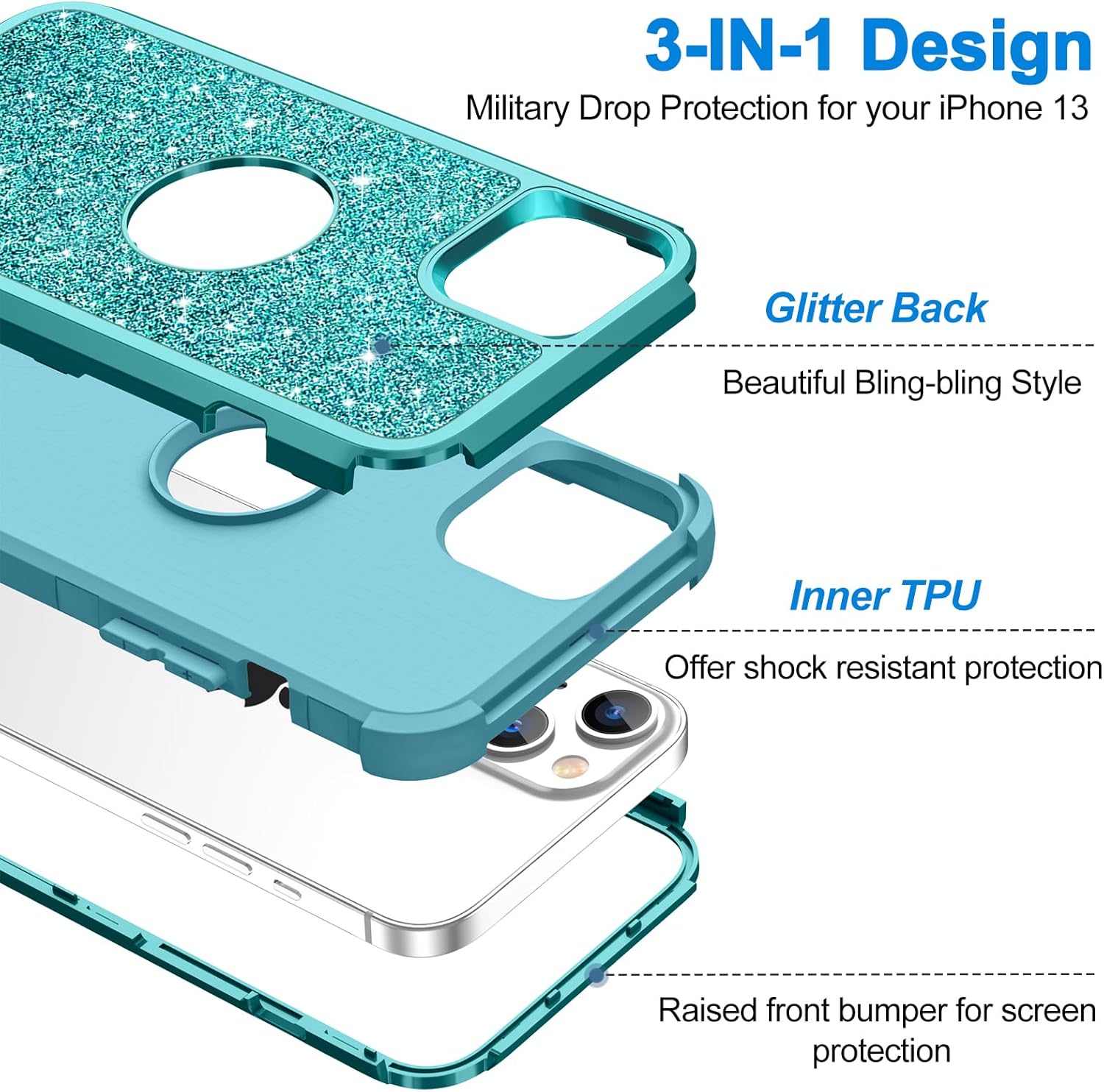 Hython Funda para iPhone 13 con purpurina, bonita funda brillante brillante, resistente 3 en 1, híbrida de policarbonato duro suave, TPU suave,