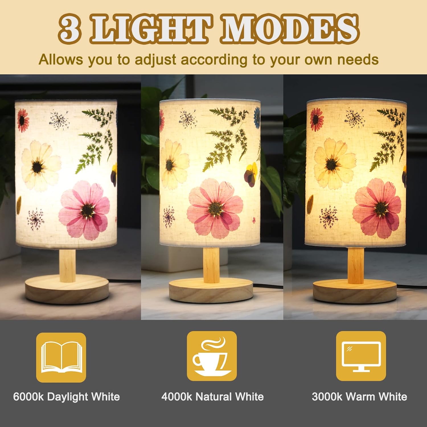 Lámpara de noche de flores prensadas, lámpara de mesa floral, 3 modos de luz, flores secas reales, decoración de flores prensadas, pantalla floral,