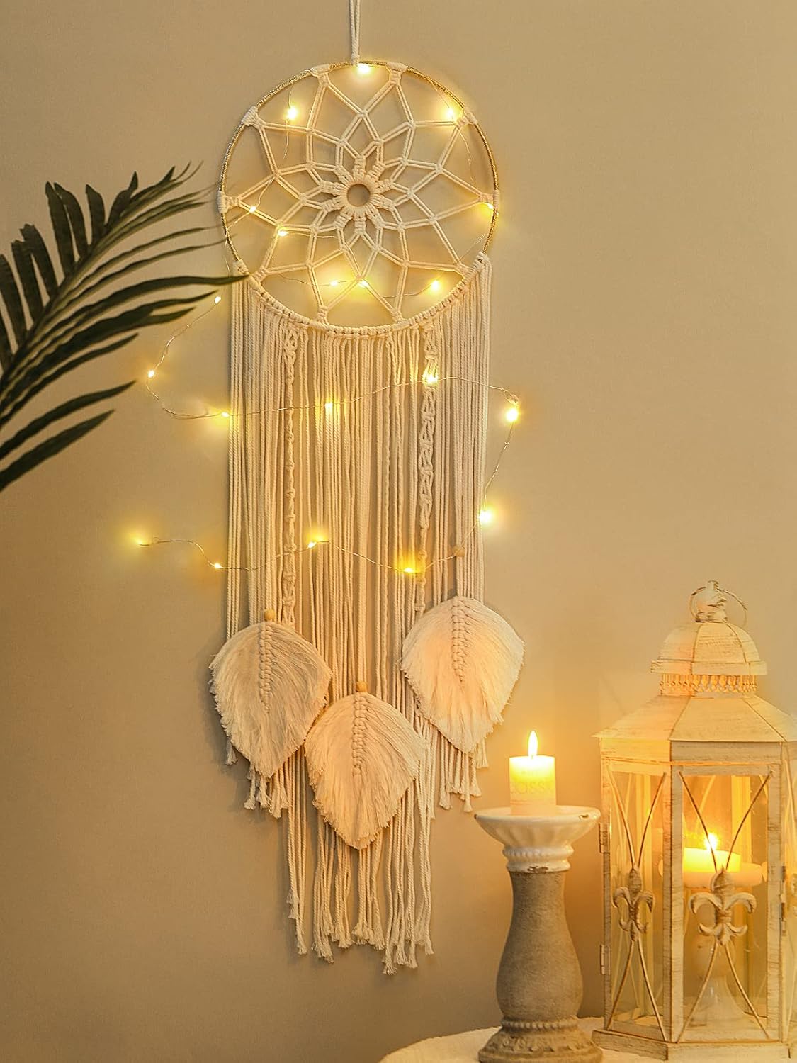 Shinowa Atrapasueños, macramé de algodón para colgar en la pared, atrapasueños con luces de hadas, atrapasueños bohemio para dormitorio de adultos,