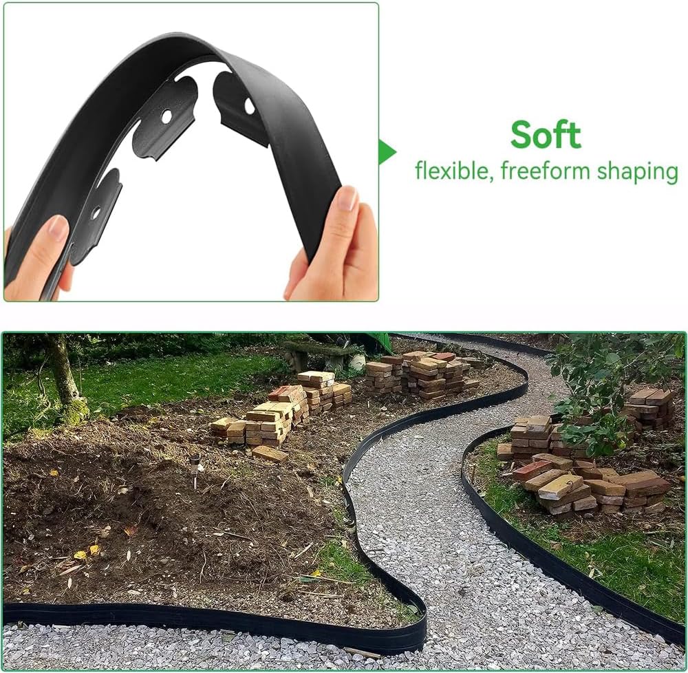 Kit de bordes de plástico sin excavación con 30 picos para jardinería de césped y jardines de flores, 4 pulgadas de alto, 33 pies de longitud (negro)