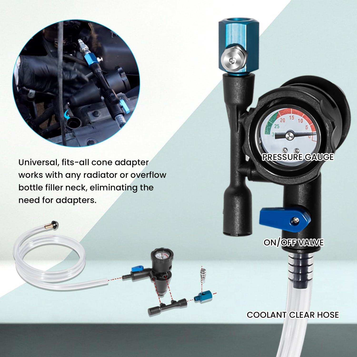 75260 Kit de llenado de refrigerante al vacío, kit de recarga de sistema de refrigerante con preventor de bloqueo de aire, probador de fugas de