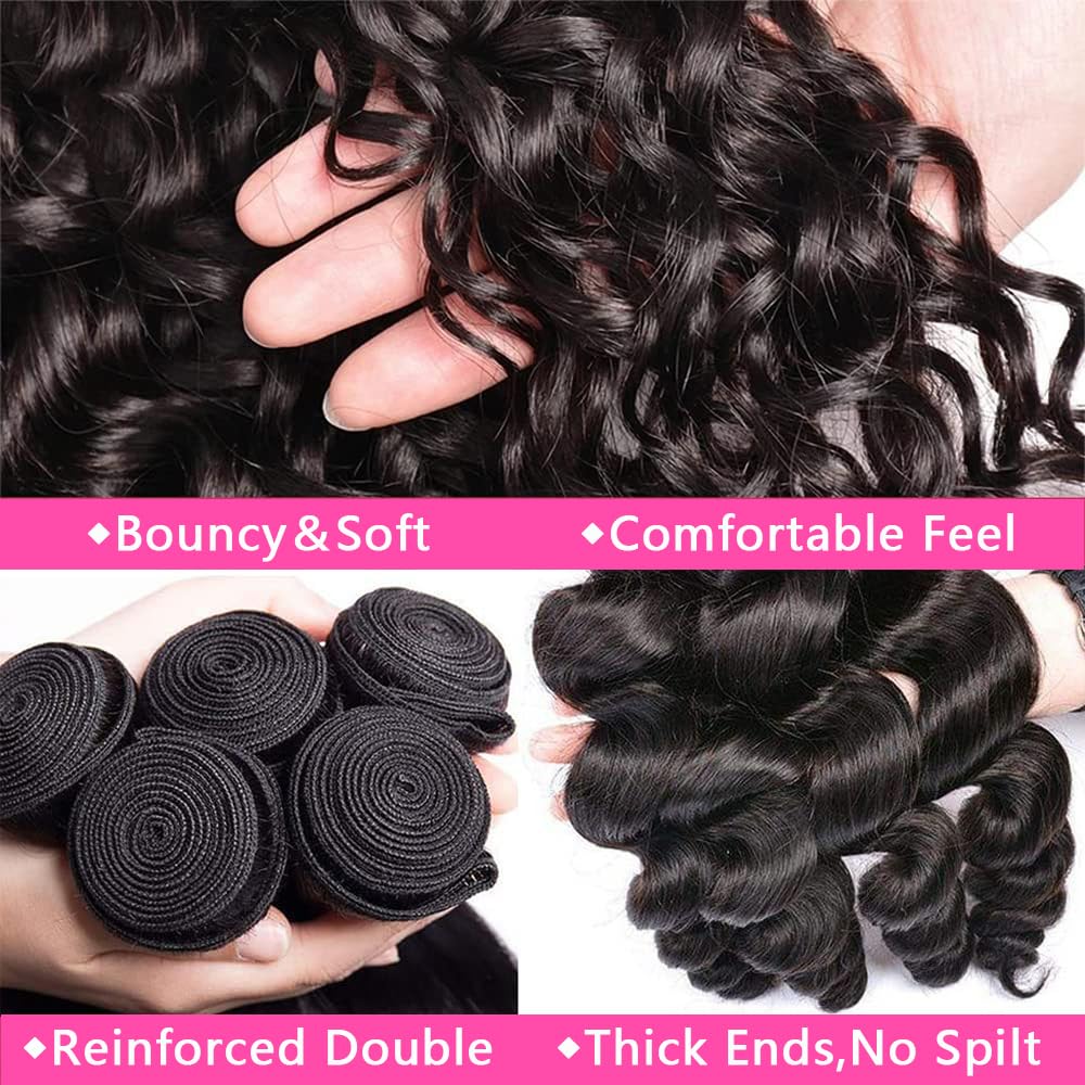 Weydlor Extensiones de cabello humano con encaje frontal de 13 x 4, 18, 20, 22+16 pulgadas, 3 paquetes con encaje frontal, 100% cabello humano,