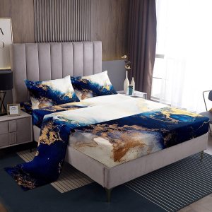 Erosebridal Juego de sábanas de mármol azul y blanco dorado, tamaño Queen, juego de sábanas con textura de mármol retro para niños y niñas, sábanas Erosebridal Juego de sábanas de mármol azul y blanco dorado, tamaño Queen, juego de sábanas con textura de mármol retro para niños y niñas, sábanas