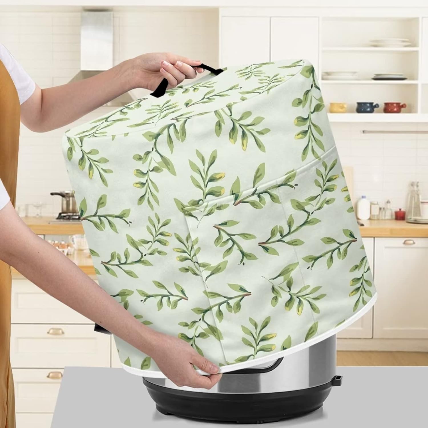 Cubierta para olla a presión con estampado de hojas verdes, cubierta de protección contra el polvo, freidora de aire y cubierta de protección, 8