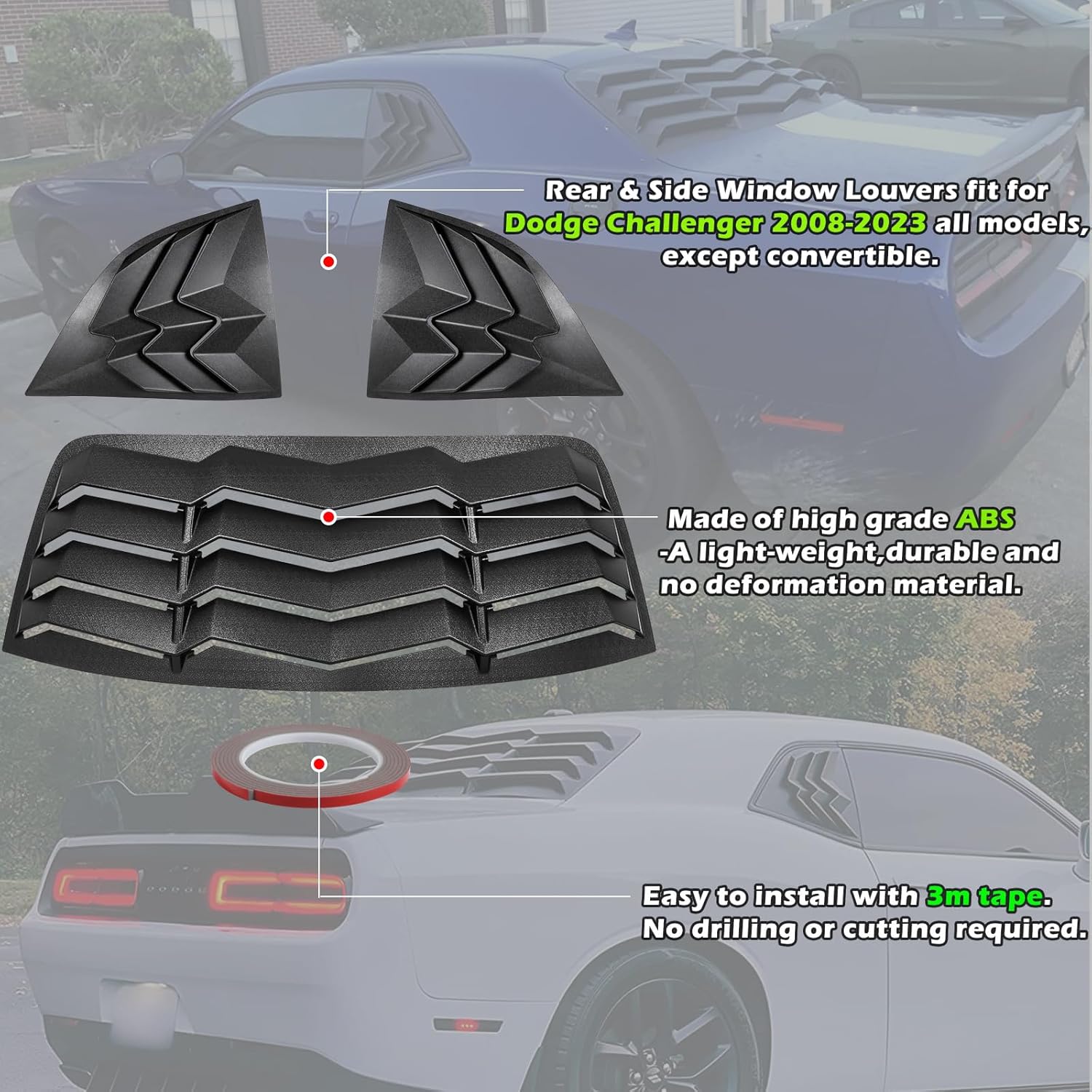 Juego de rejillas de ventana trasera y lateral para Dodge Challenger 2008-2023 para parabrisas en GT Lambo estilo ABS negro mate, ajuste