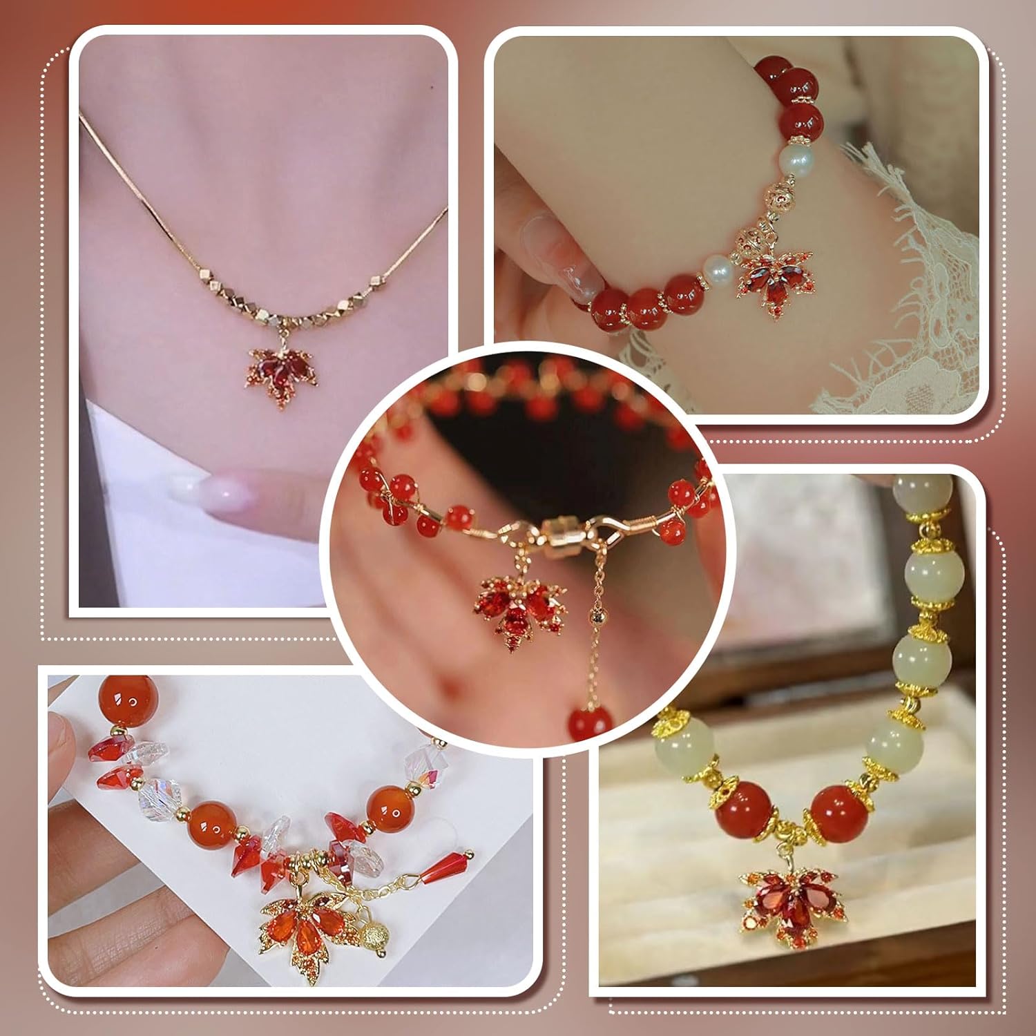 Beebeecraft 1 caja de 8 dijes de hoja de arce chapados en oro de 18 quilates con circonita cúbica roja para collar de Acción de Gracias, pulseras y