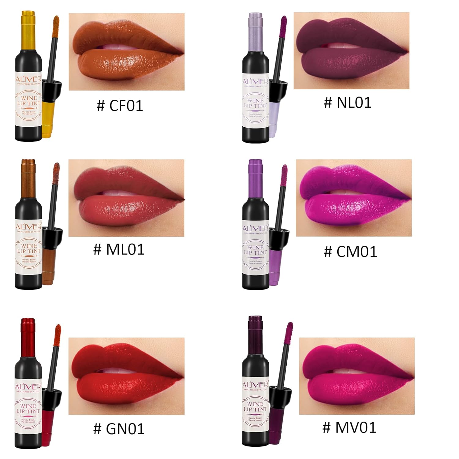 ALIVER Tinte de labios de vino, 6 coloresjuego, tinte labial impermeable de larga duración, brillo labial de copa antiadherente, claro