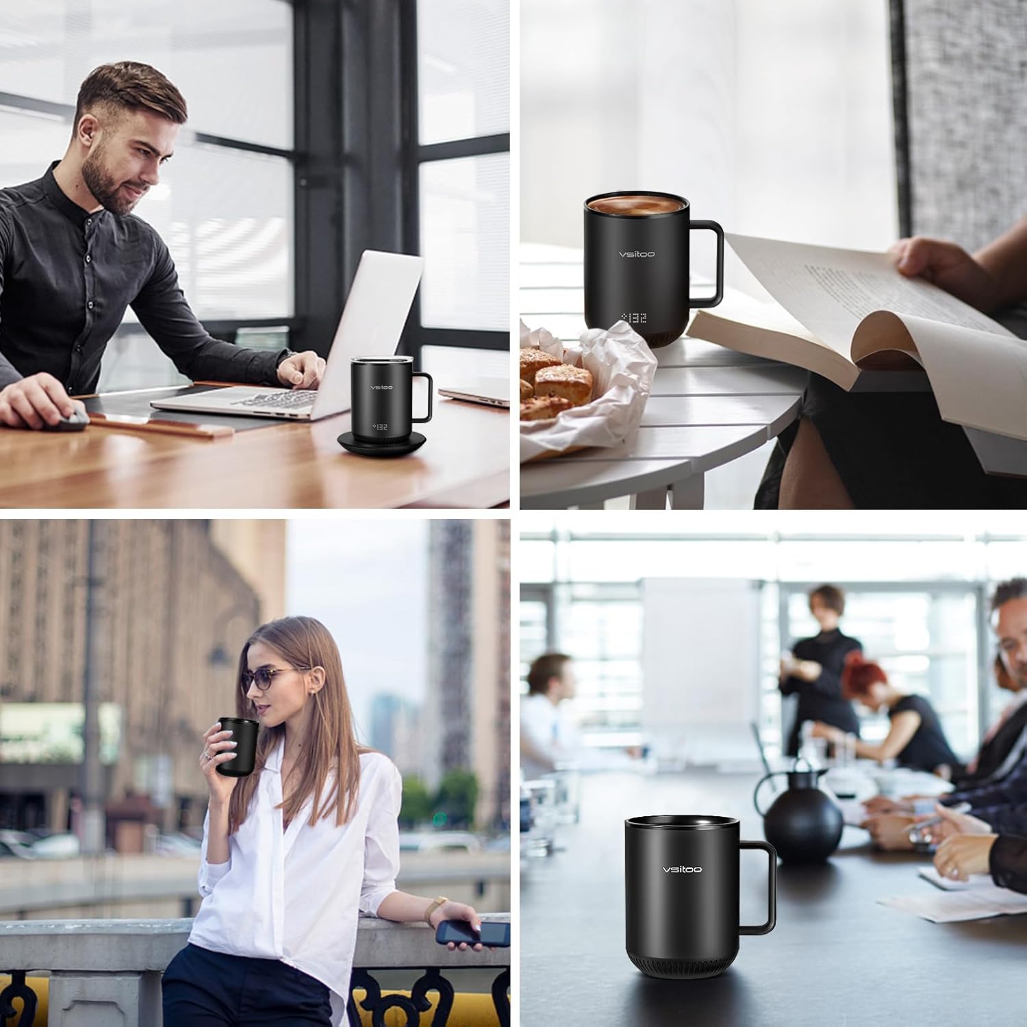 vsitoo S3 – Taza inteligente con control de temperatura 2 con tapa, taza de café autocalentable de 10 onzas, pantalla LED, duración de la batería de