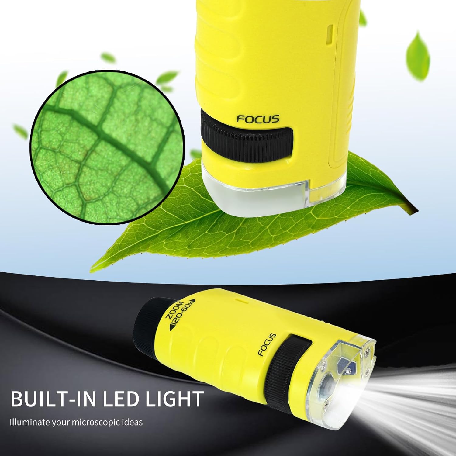 Liayozl Miniscopio para niños, microscopio de bolsillo portátil con luces LED, microscopio de bolsillo de mano para niños, estudiantes, adultos,
