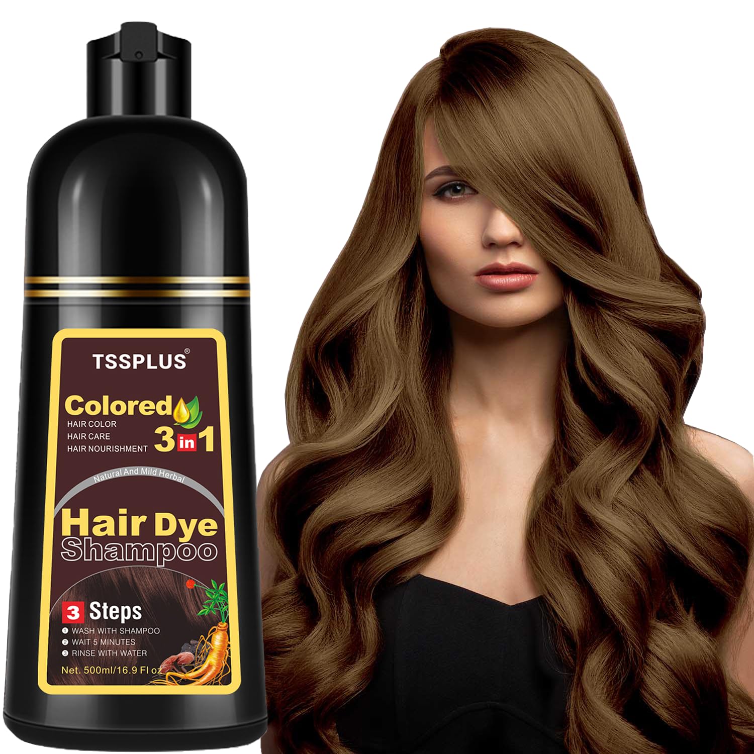 TSSPLUS Champú para colorear el cabello, 16.9 fl oz, tinte natural orgánico para el cabello, esencia vegetal, champú de tinte de color negro para