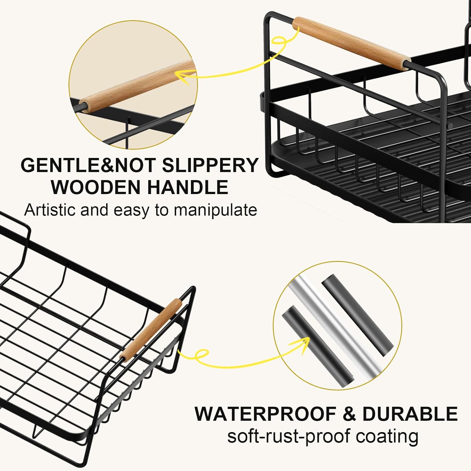 Escurridor de platos duradero de 2 niveles desmontable para encimera de cocina con soporte para cuchillos y portavasos, mango de madera,