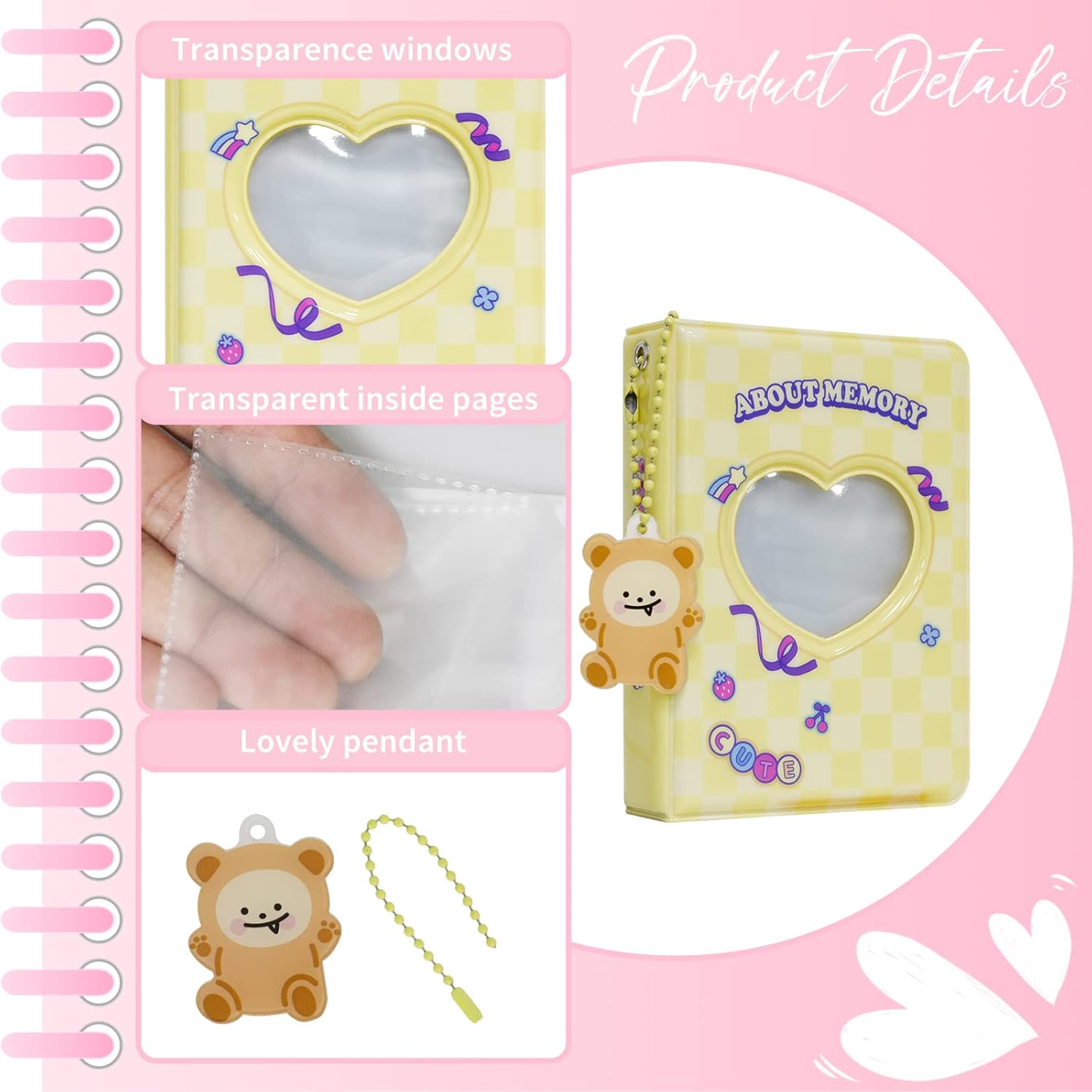 Carpeta para tarjetas fotográficas de 3 pulgadas, con diseño de corazón hueco, álbum de fotos, soporte para tarjetas Kpop con colgante, 40 bolsillos
