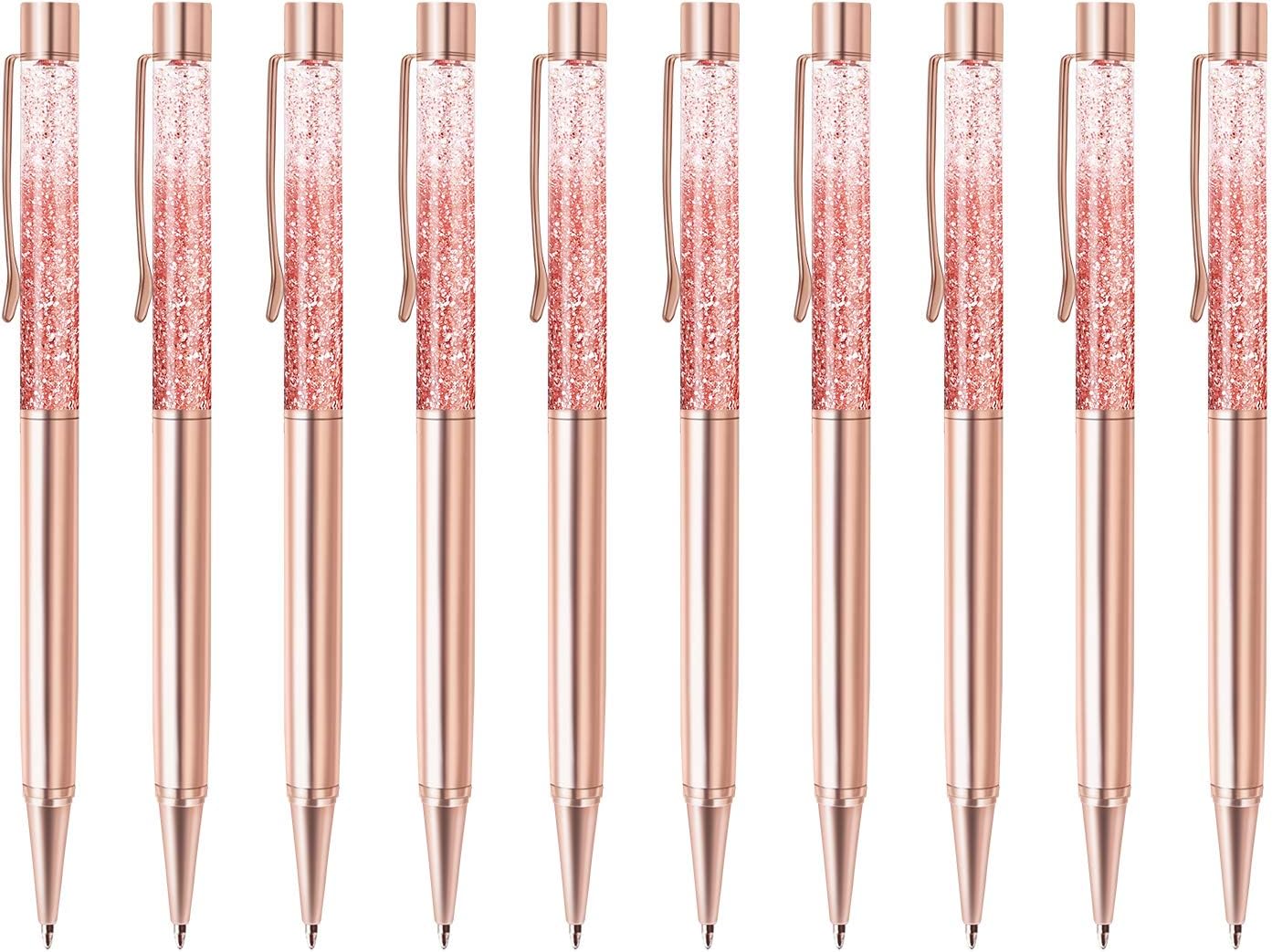ZZTX 10 bolígrafos de oro rosa, bolígrafo de metal brillante dinámico de arena líquida con recambios, tinta negra, suministros de oficina,