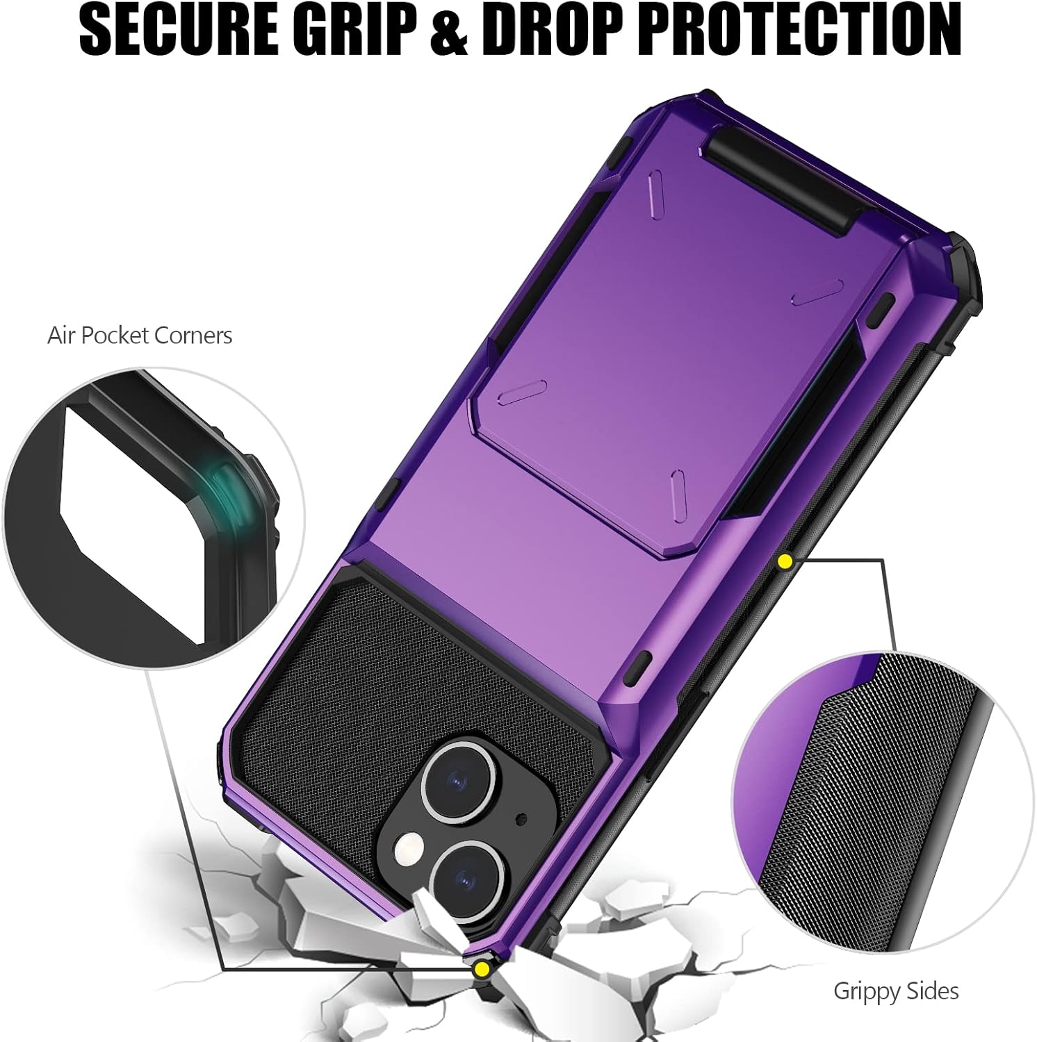 Nvollnoe Funda compatible con iPhone 15 con tarjetero almacena 5 tarjetas Funda de doble capa resistente a prueba de golpes con ranura oculta para