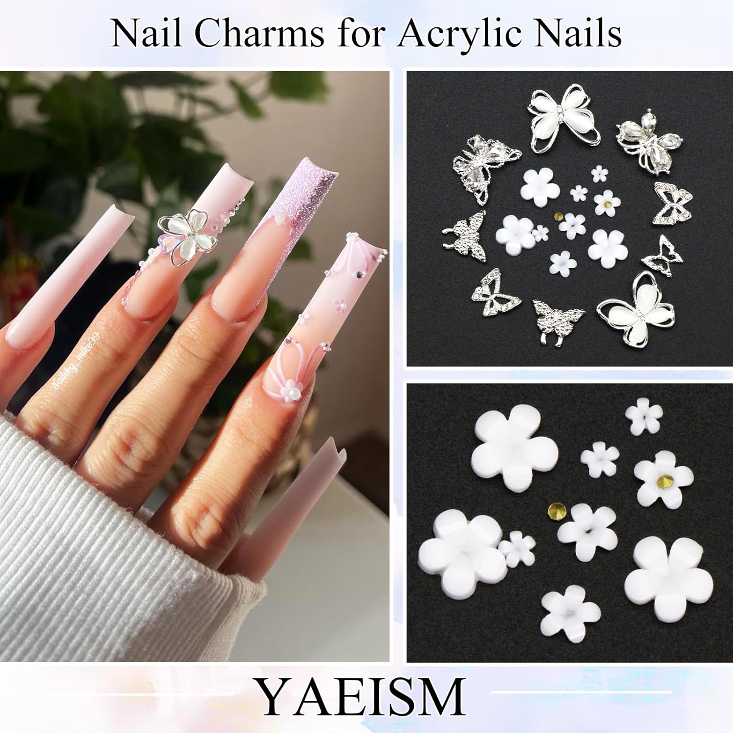 Kit de dijes para arte de uñas con flores blancas acrílicas 3D, 20 piezas de dijes de mariposa de metal con formas mixtas, diamantes de imitación