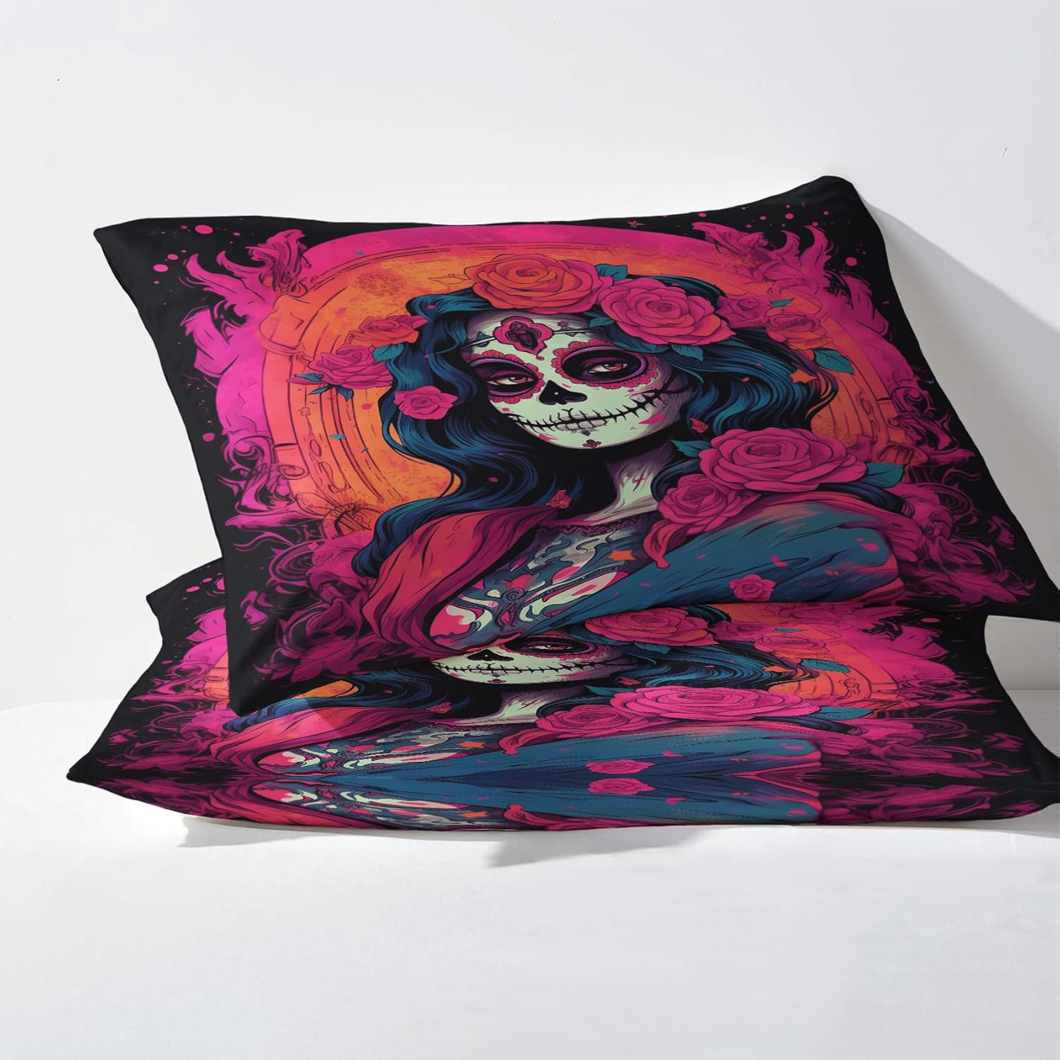 Day of The Dead – Juego de sábanas de tamaño King, sábanas mexicanas, sábanas y fundas de almohada estampadas, 4 piezas, sábana bajera ajustable de
