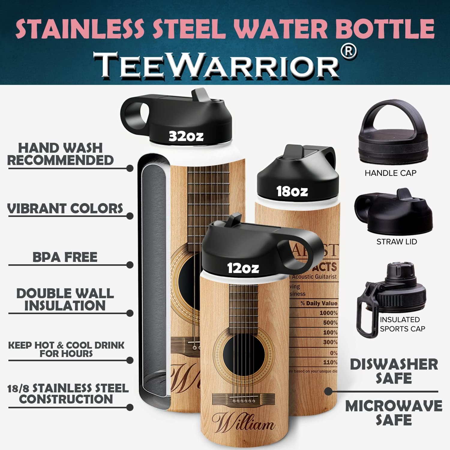 Zocoshi Botella de agua de guitarra personalizada Información nutricional de guitarrista, regalos personalizados  Regalos para guitarristas hombres,