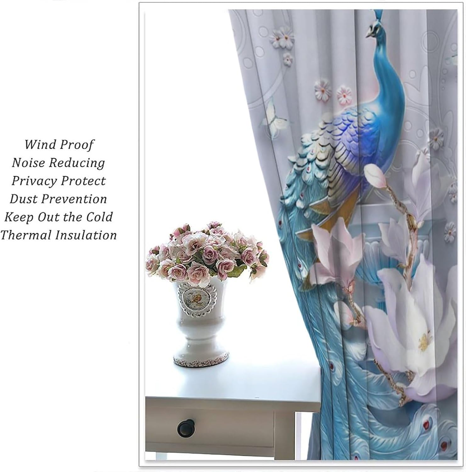 Cortinas de pavo real, flores blancas, hermosas y elegantes, estilo de pintura al óleo de pavo real azul, tela de poliéster, tratamientos de ventana
