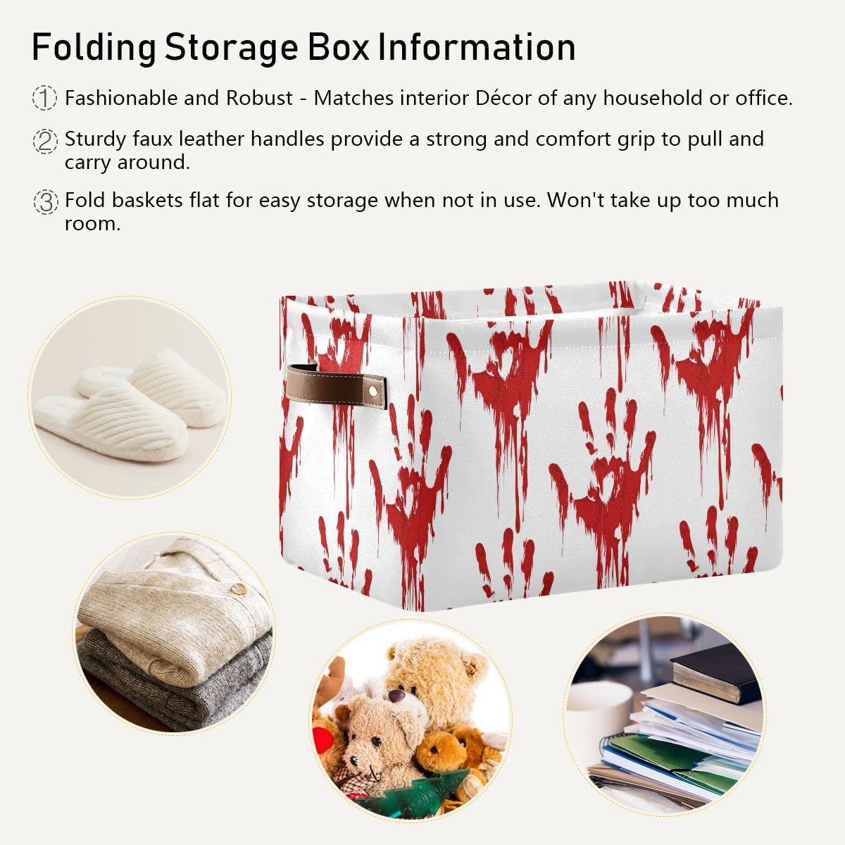 Bloody Scary Hands – Cesta de almacenamiento grande, bolsa organizadora plegable de tela con asas, 15 x 11 x 9.5 pulgadas