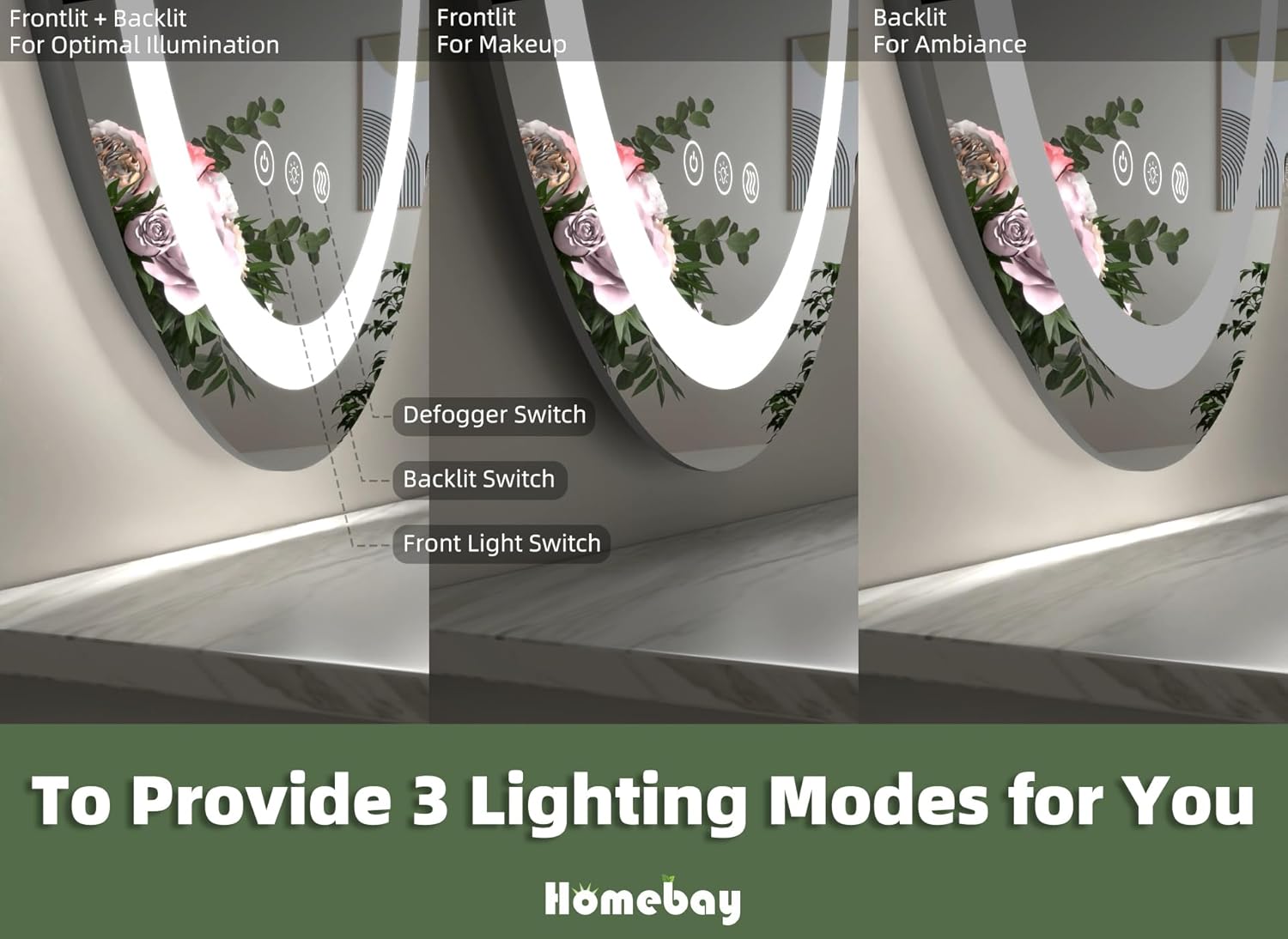 Homebay Espejo de tocador LED de baño de 28 x 36 pulgadas, frontal regulable + luz blackit, espejo de maquillaje ovalado antiempañante, 3 colores