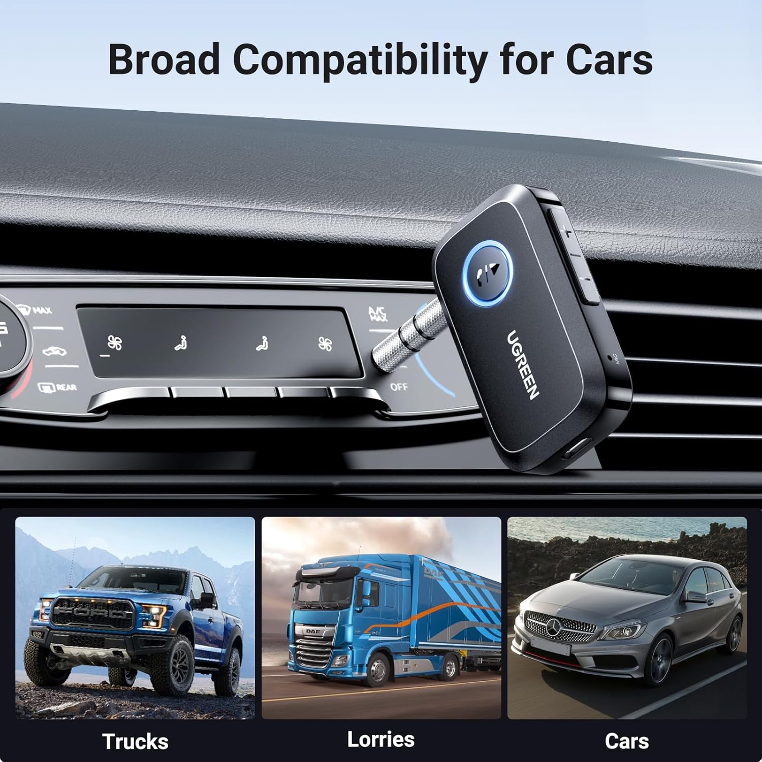 UGREEN Adaptador Bluetooth auxiliar 5.3 para coche, mayor conexión Adaptador auxiliar Bluetooth para automóvil, Bluetooth aux para receptor de audio