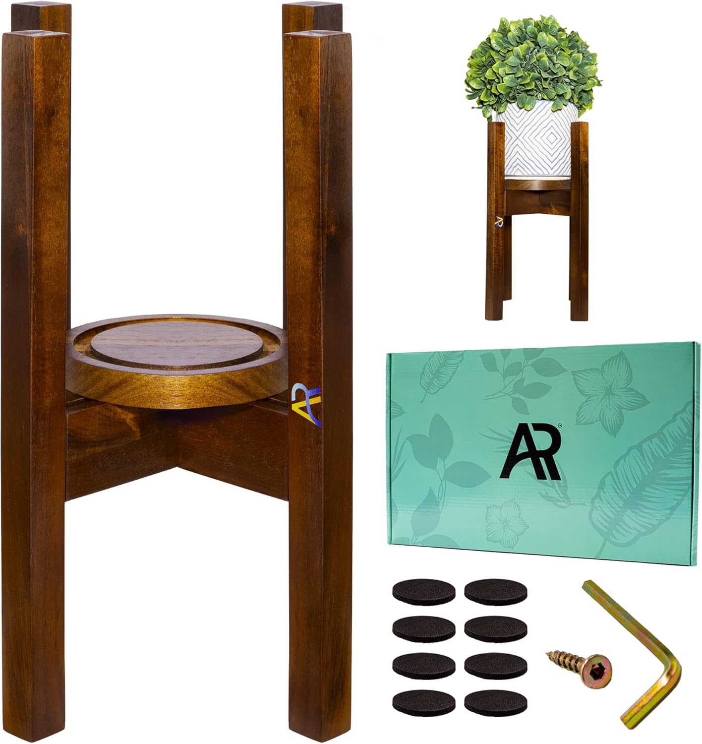 A & R Soporte ajustable de madera de acacia para plantas de 8 a 12 pulgadas, soporte moderno de mediados de siglo con bandeja para macetas