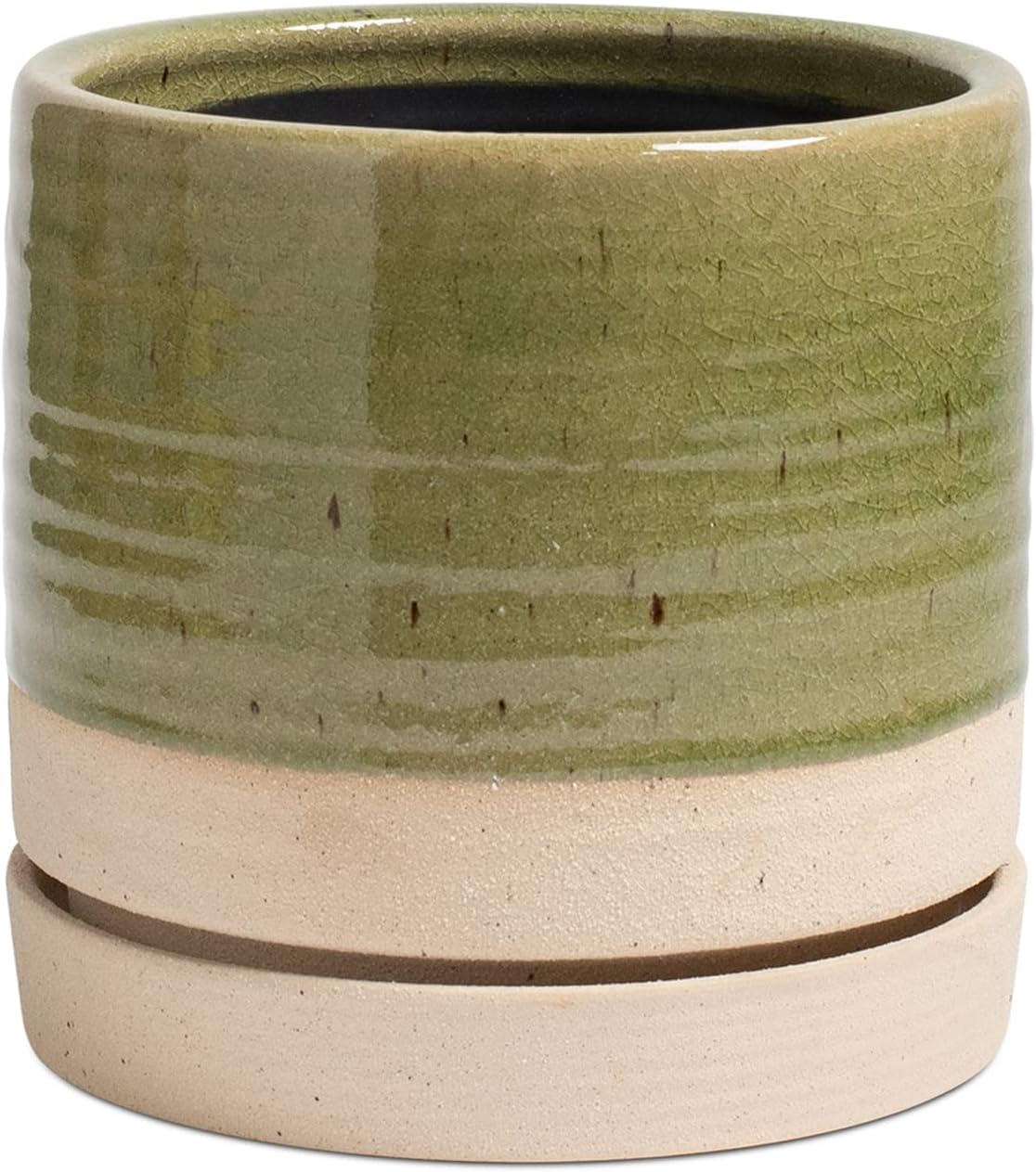 HERDUK Macetas de cerámica de 6 pulgadas con orificio de drenaje y platillo, maceta redonda cilíndrica para interiores y exteriores, verde y beige