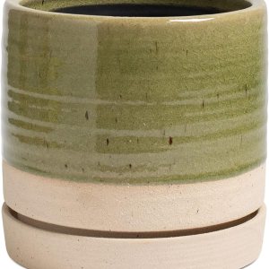 HERDUK Macetas de cerámica de 6 pulgadas con orificio de drenaje y platillo, maceta redonda cilíndrica para interiores y exteriores, verde y beige HERDUK Macetas de cerámica de 6 pulgadas con orificio de drenaje y platillo, maceta redonda cilíndrica para interiores y exteriores, verde y beige