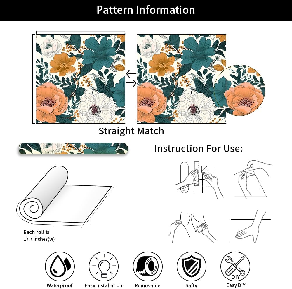 Papel tapiz autoadhesivo de 18 x 236 pulgadas, diseño floral de peonía azulnaranja, papel de contacto extraíble, fácil de despegar para cocina,