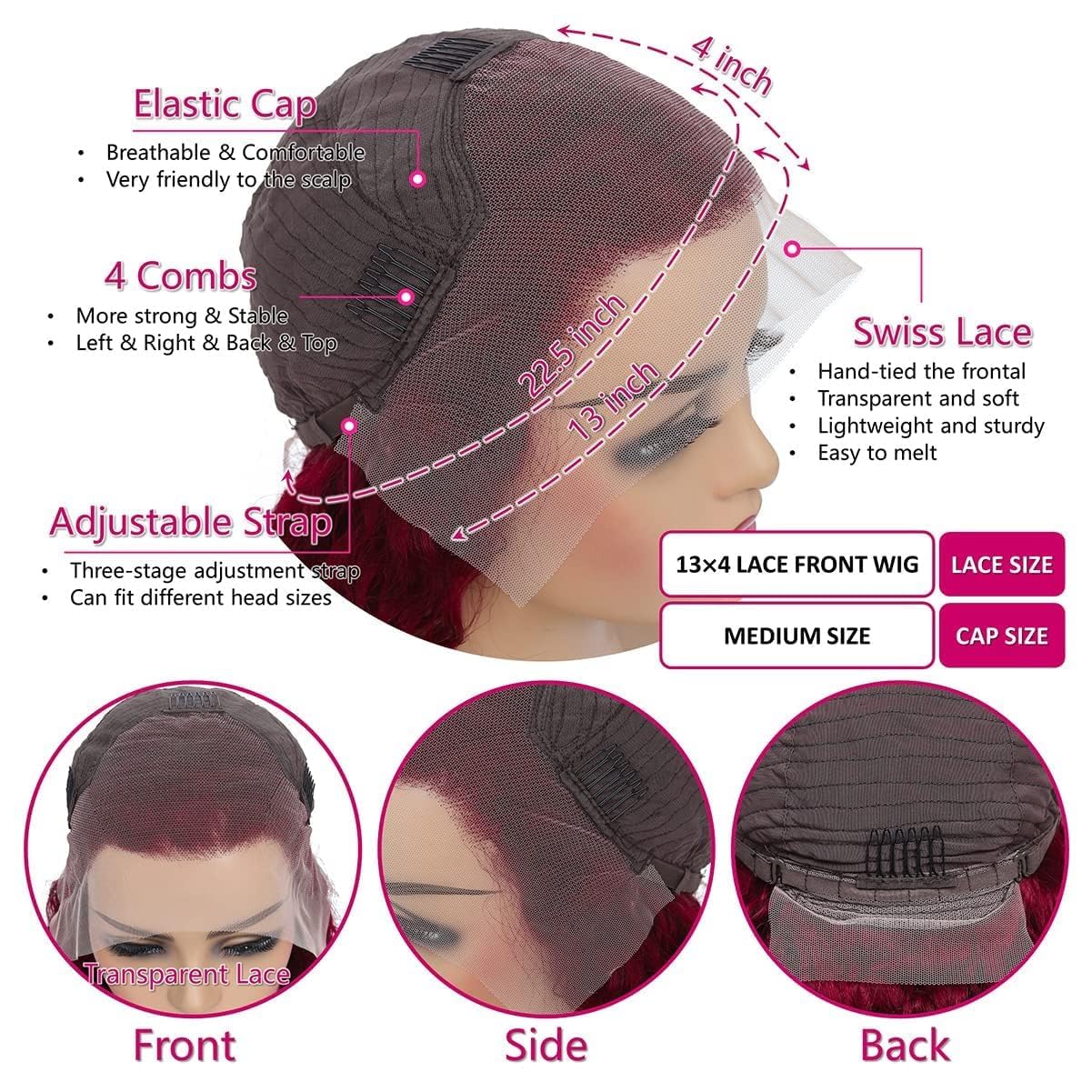 Aaliweya Pelucas de cabello humano con encaje frontal color borgoña 99j de 34 pulgadas, 13×4, sin pegamento, color rojo vino, pelucas con encaje