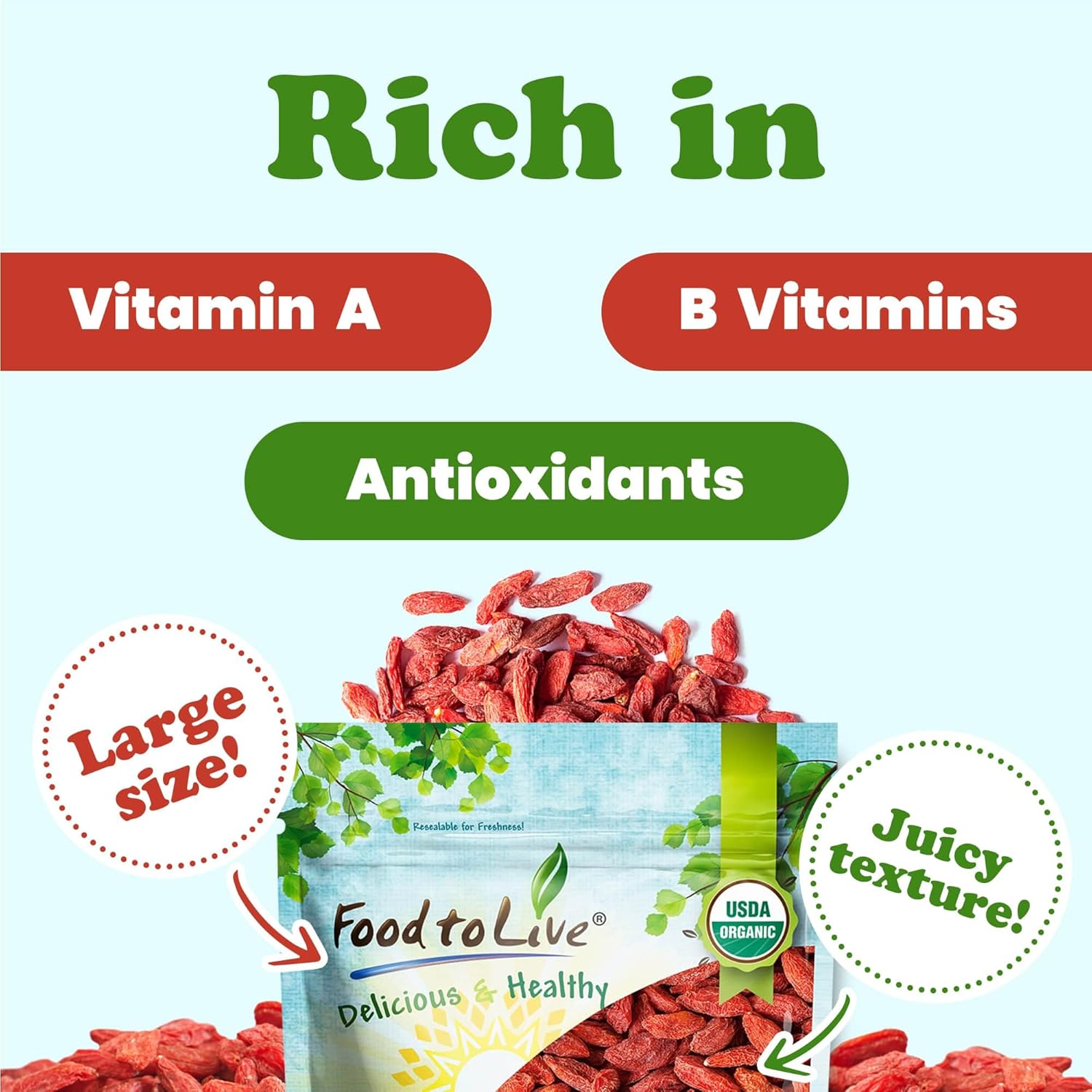 Bayas orgánicas de Goji, 8 onzas, sin OMG, secadas al sol, grandes y jugosas, sin azúcar, comida para sirt, vegana, a granel. Alto en hierro,