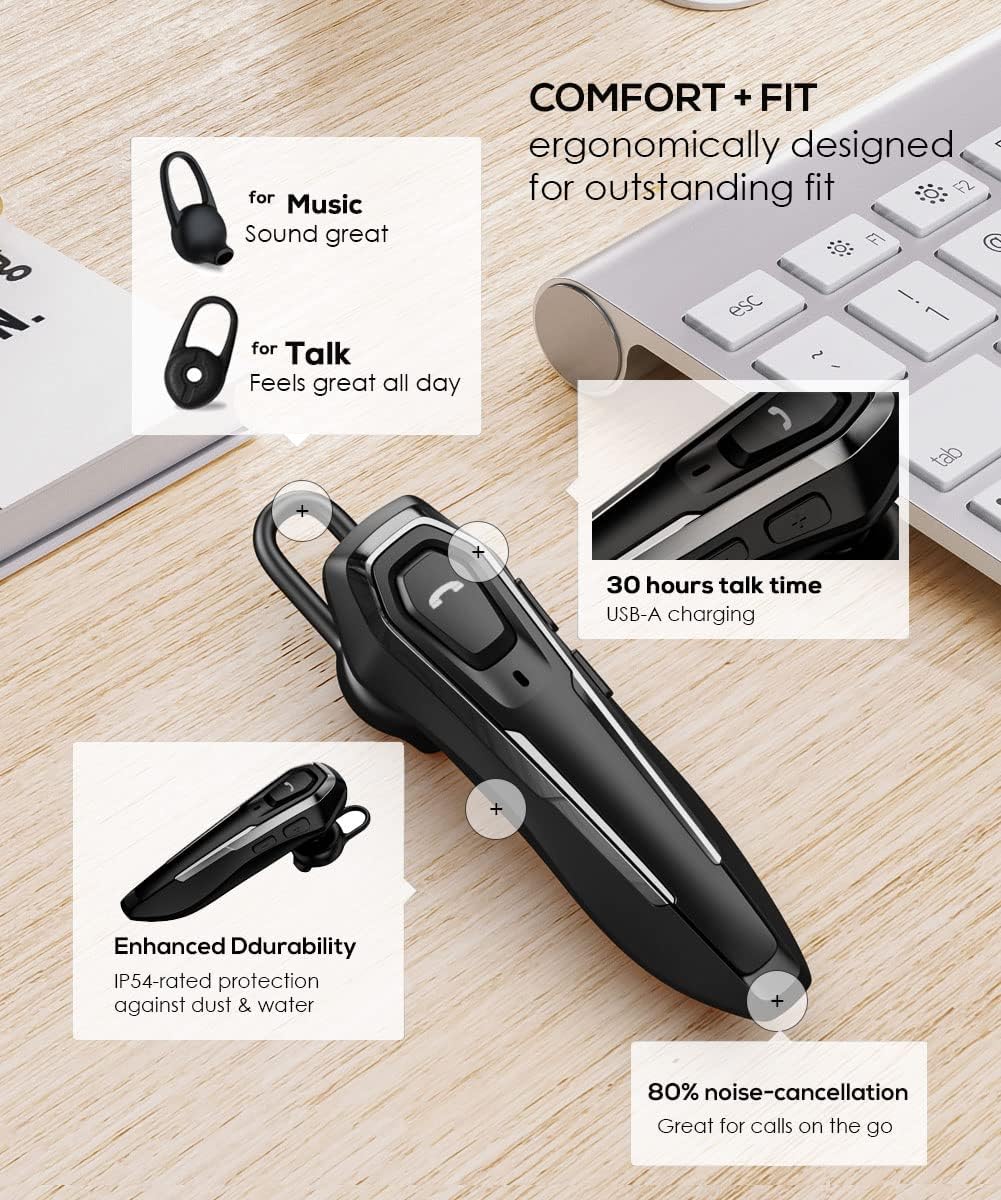 ZOUKAI Auriculares Bluetooth, cancelación de ruido con 2 micrófonos, 30 horas de tiempo de conversación, anuncia identificación de llamadas,