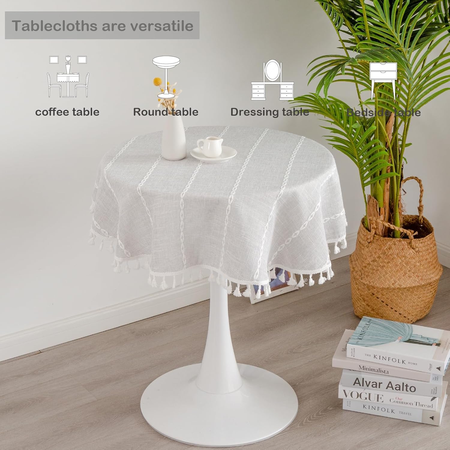 YZKITM Mantel redondo rústico pequeño lavable a rayas de lino jacquard de peso pesado estilo granja con borlas para cocina, comedor, fiesta,