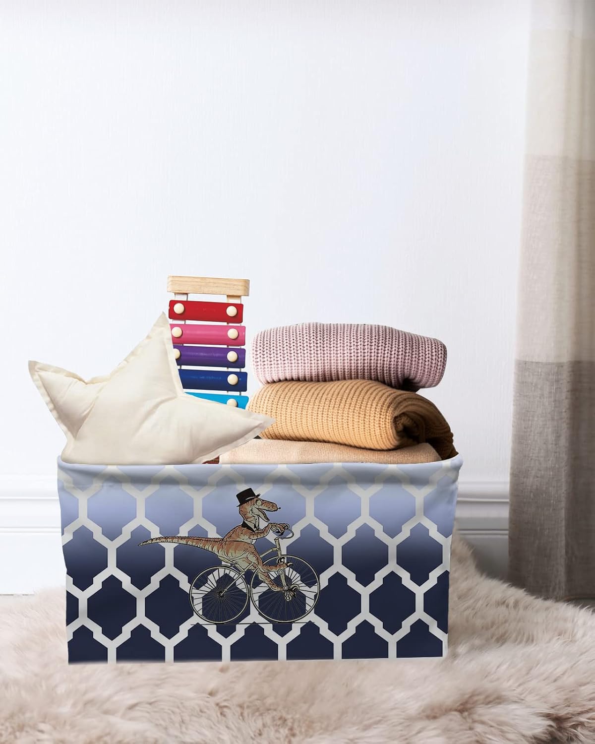 Navy Blue Ombre Dinosaur Storage Basket for Organizing Shelves, Collapsible Storage Bins Boxes with Handle, Modern White Geometric Abstract Art