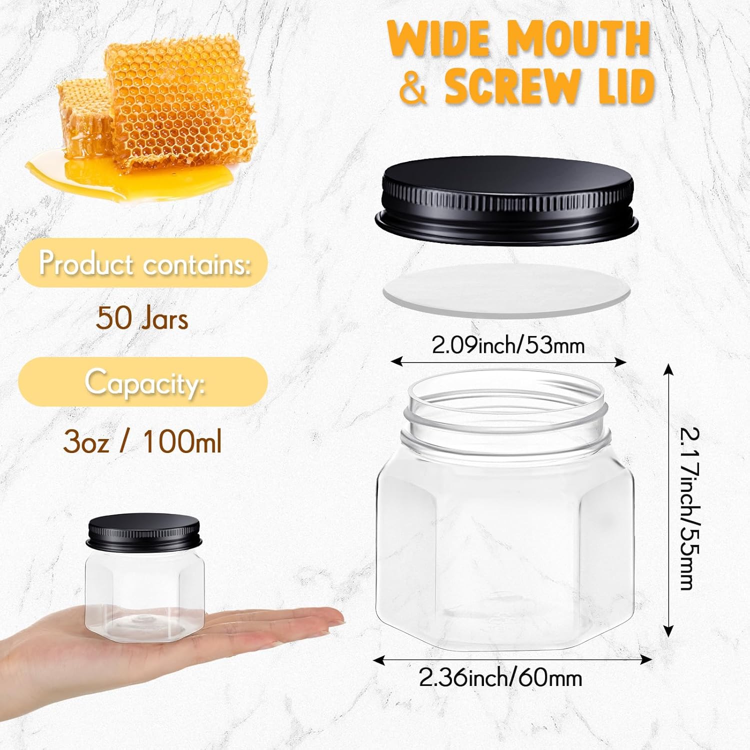 50 frascos hexagonales de plástico de 3 onzas con tapas, mini tarros de miel de boca ancha, tarros de especias pequeños para recuerdos de fiesta,